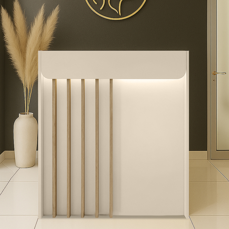Karibu Megapap melamine welcome desk - reception with LED in sandstone - sepet oak color 90x40x100cm.