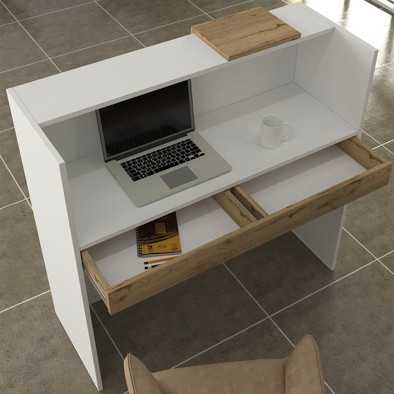 Navita Megapap melamine welcome desk - reception with LED in white - sepet oak color 113.6x42x111.8cm.