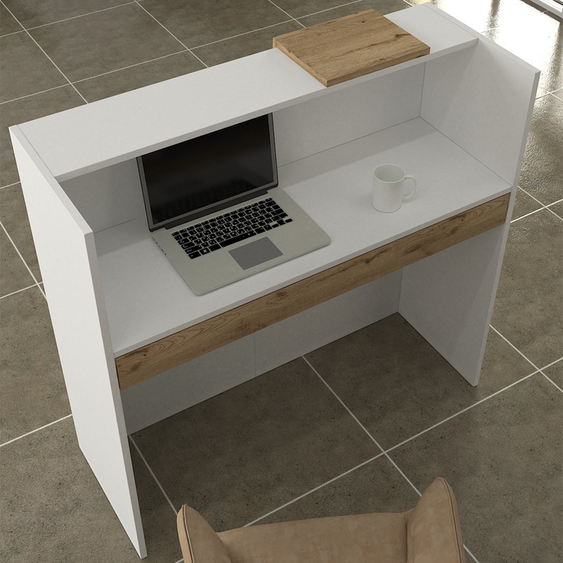 Navita Megapap melamine welcome desk - reception with LED in white - sepet oak color 113.6x42x111.8cm.