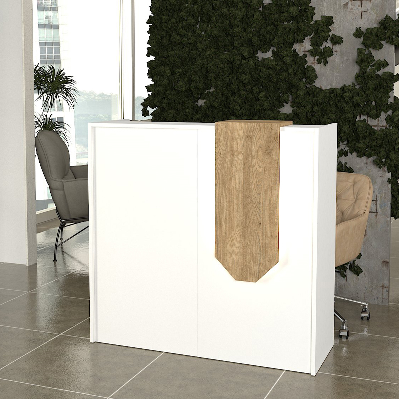 Navita Megapap melamine welcome desk - reception with LED in white - sepet oak color 113.6x42x111.8cm.