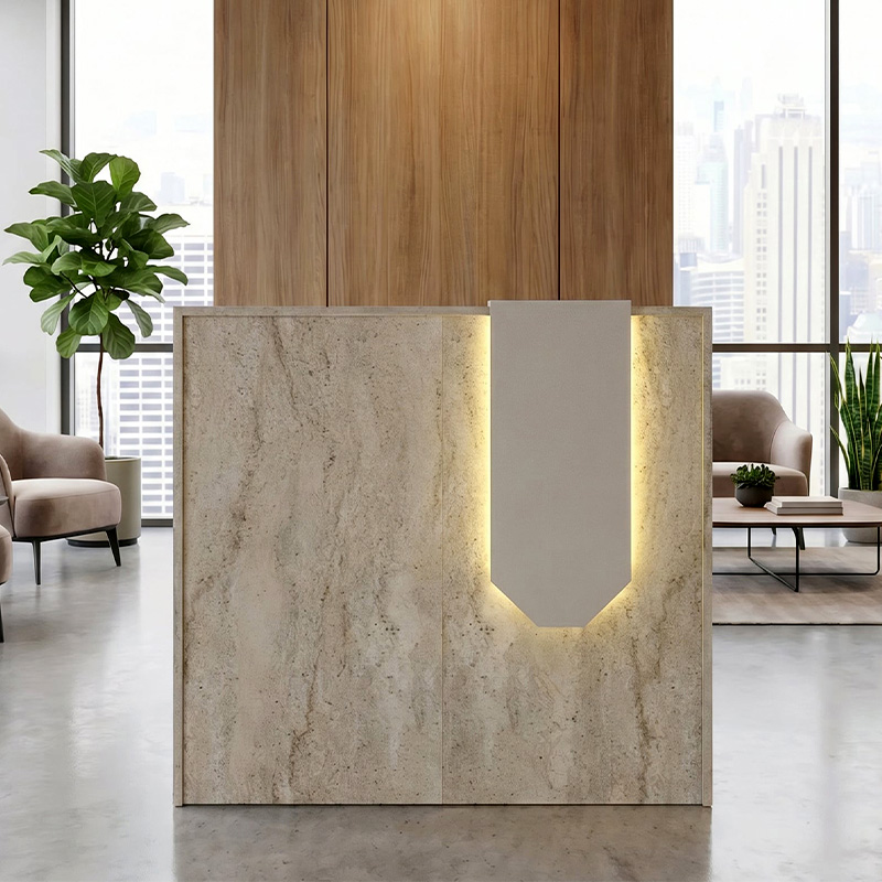 Navita Megapap melamine welcome desk - reception with LED in travertine - sandstone color 113.6x42x111.8cm.
