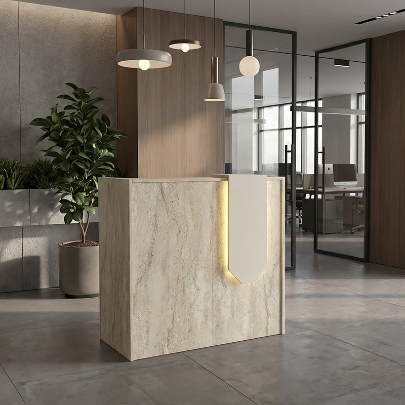 Navita Megapap melamine welcome desk - reception with LED in travertine - sandstone color 113.6x42x111.8cm.