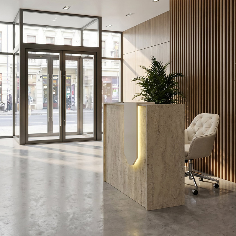 Navita Megapap melamine welcome desk - reception with LED in travertine - sandstone color 113.6x42x111.8cm.