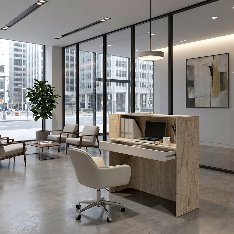 Navita Megapap melamine welcome desk - reception with LED in travertine - sandstone color 113.6x42x111.8cm.