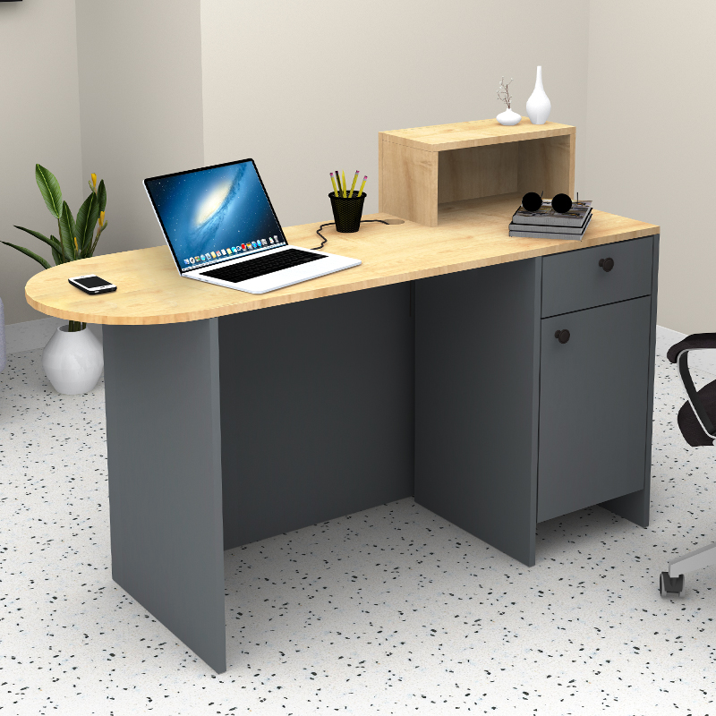 Rezio Megapap melamine reception desk in anthracite - oak color 140x50x101.8cm.