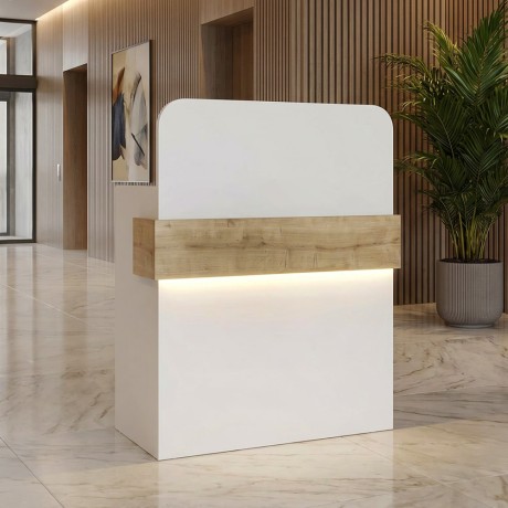Telmos Megapap melamine welcome desk - reception with LED in white - sapphire oak color 90x43.6x119.2cm.