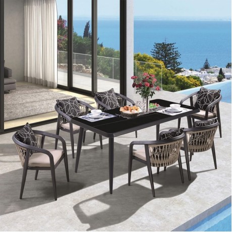 JARDIN Set Alu (Table 180x90cm+6 Armchairs) Anthracite/Cushions Beige-Dark grey
