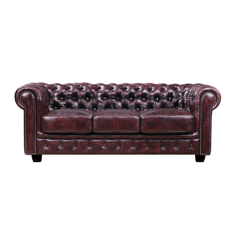 Καναπές Chesterfield 3θέσιος με επένδυση από δέρμα σε χρώμα antique κόκκινο 201x92x72εκ