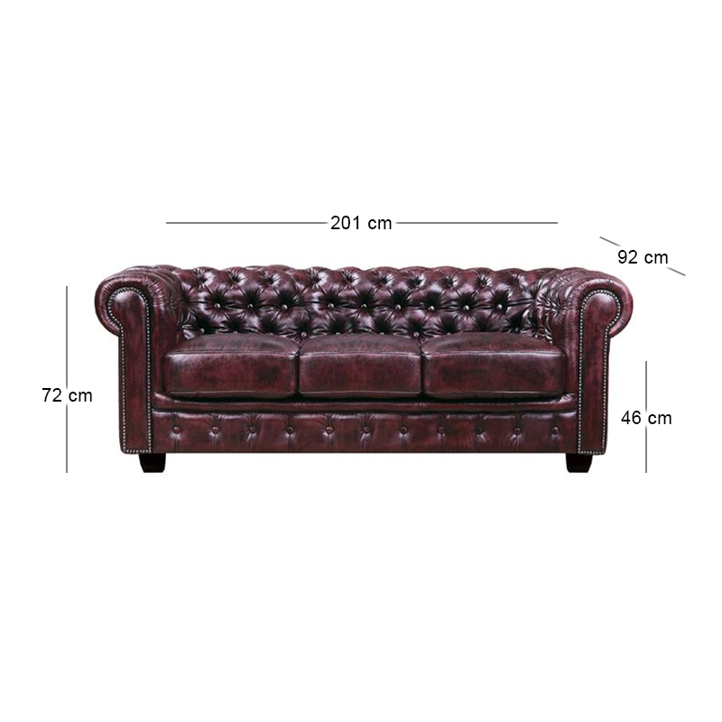 Καναπές Chesterfield 3θέσιος με επένδυση από δέρμα σε χρώμα antique κόκκινο 201x92x72εκ