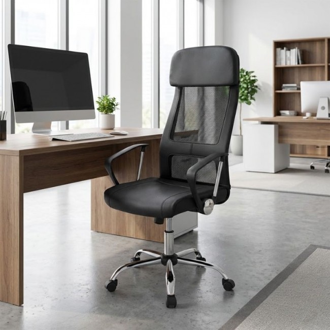 Ovis Megapap office chair with PU and Mesh fabric in black color 63x63x119/129cm.
