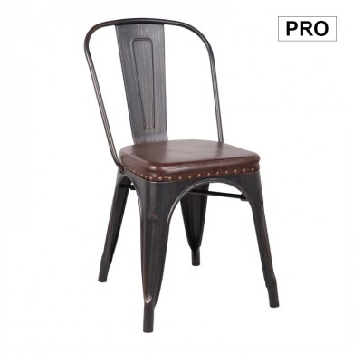 Καρέκλα Relix Pro στοιβαζόμενη μεταλλική χρώμα antique μαύρο - τεχνόδερμα Pu χρώμα σκούρο καφέ 45x51x82εκ.