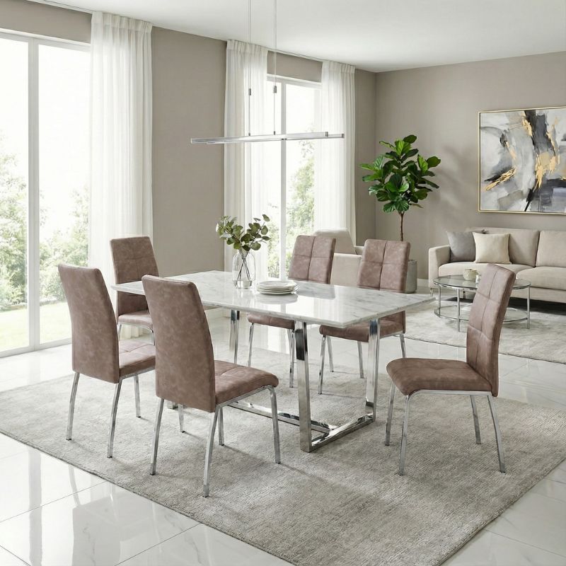 Alma Megapap pu leather dining chair in beige color with metal chrome legs 42x53x97cm.