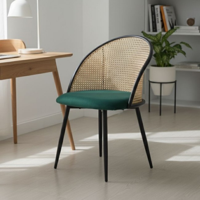 Jacob Megapap pe rattan - velvet dining chair in green color with black metal legs 52x50x77cm.