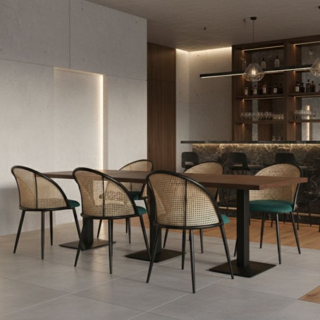 Jacob Megapap pe rattan - velvet dining chair in green color with black metal legs 52x50x77cm.