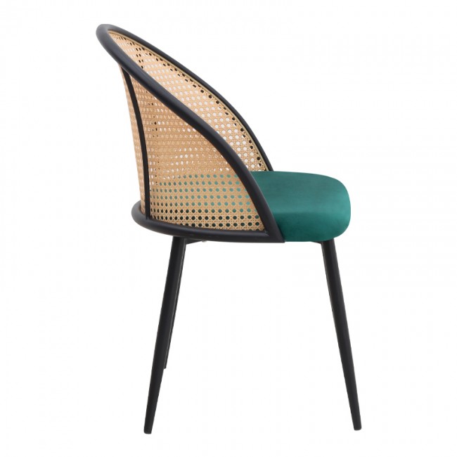 Jacob Megapap pe rattan - velvet dining chair in green color with black metal legs 52x50x77cm.