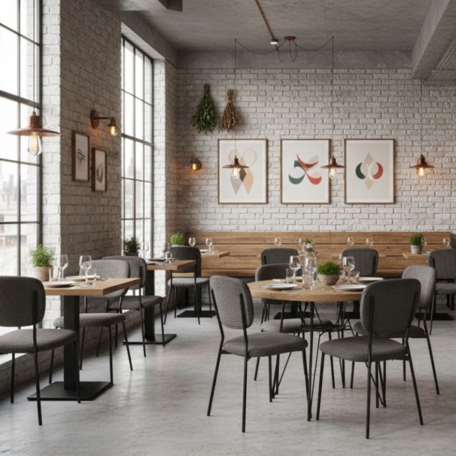 Kevin Megapap fabic dining chair in grey color with black metal legs 48x51x87cm.