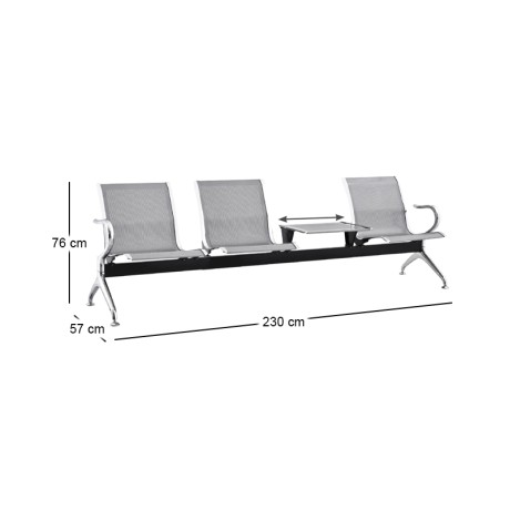 Waiting Seat 3-Seater + Table Steel Mesh Grey (Chrome Frame)