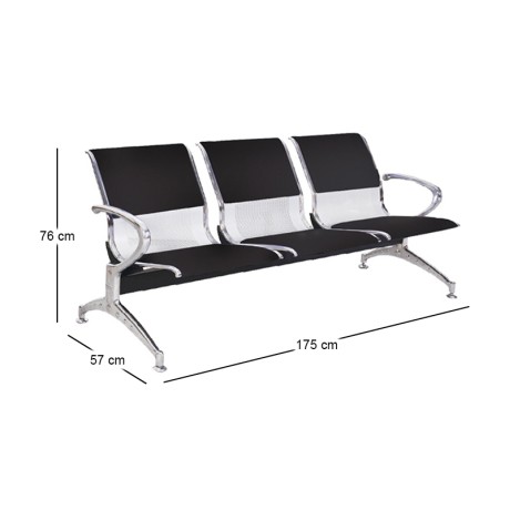 Waiting Seat 3-Seater Steel Mesh Grey/Pvc Black (Chrome Frame)