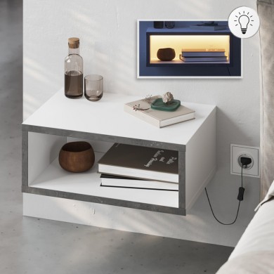 Brik Megapap wall mounted nighstand with LED light in white - grey retro color 45x30x18cm.