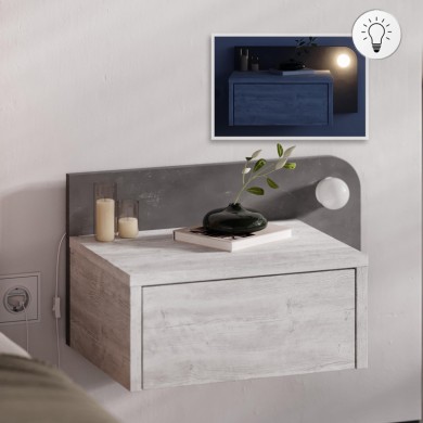 Dotta Megapap wall mounted nighstand with LED light in ancient white - grey retro color 52x33.6x28cm.