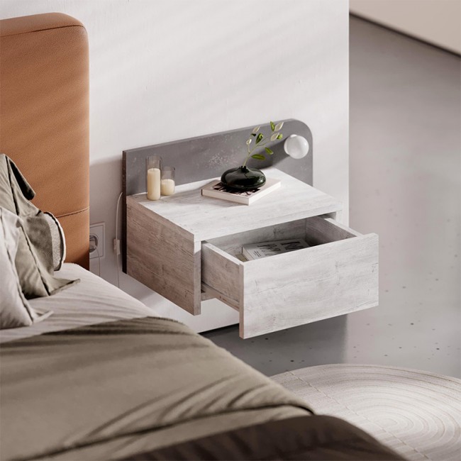 Dotta Megapap wall mounted nighstand with LED light in ancient white - grey retro color 52x33.6x28cm.
