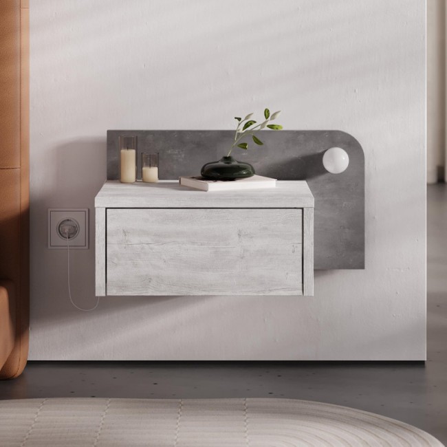 Dotta Megapap wall mounted nighstand with LED light in ancient white - grey retro color 52x33.6x28cm.