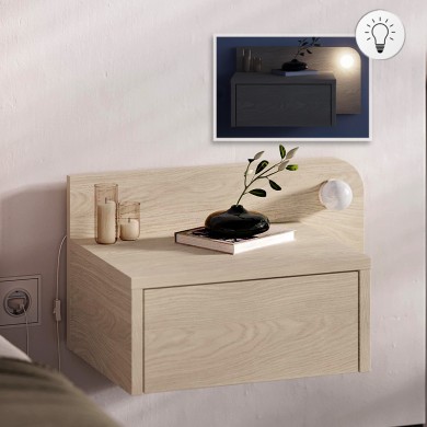 Dotta Megapap wall mounted nighstand with LED light in light oak color 52x33.6x28cm.
