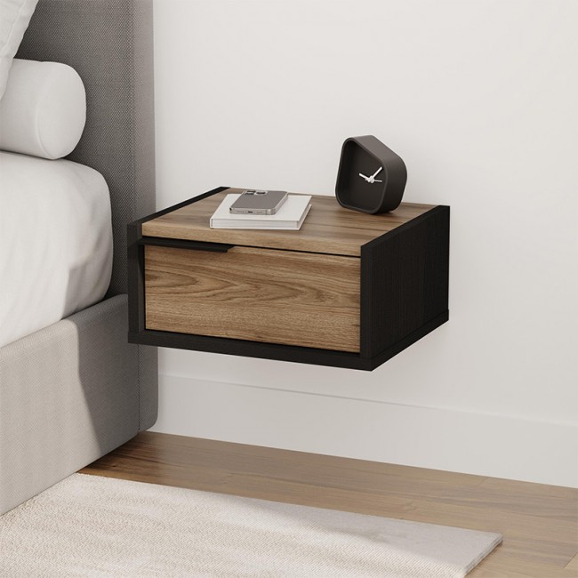 Eco Megapap melamine wall mounted nightstand in black wood - walnut color 40x33x18.5cm.