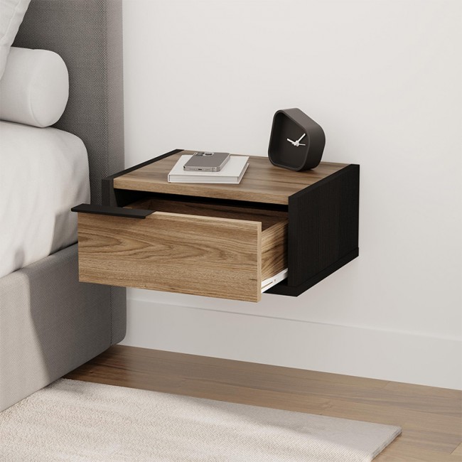 Eco Megapap melamine wall mounted nightstand in black wood - walnut color 40x33x18.5cm.