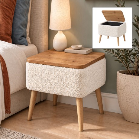 Κομοδίνο Nivo Megapap ύφασμα teddy χρώμα λευκό - pine oak 45x35x45εκ.