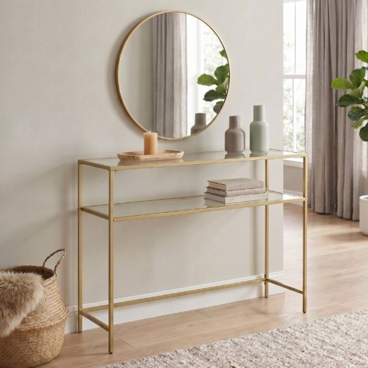 Elio Megapap metal - tempered glass console in gold color 90x30x80cm.