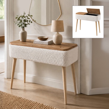 Κονσόλα Luno Megapap ύφασμα teddy χρώμα λευκό - pine oak 90x30x90εκ.