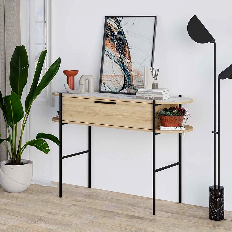 Otis Megapap melamine console in oak - white marble effect color 130x38x86,2cm.