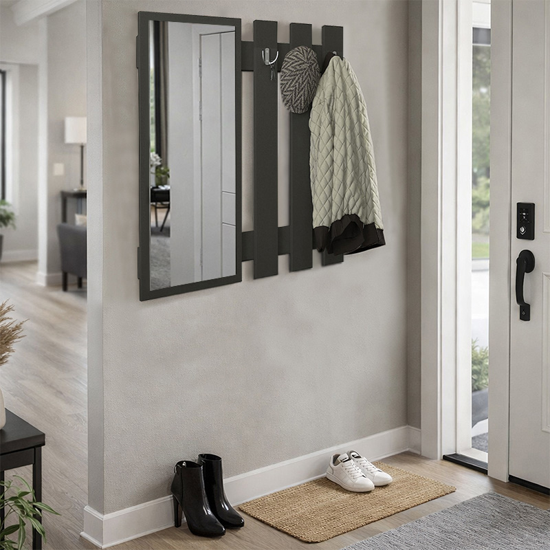 Folin Megapap melamine wall coat hanger with mirror in anthracite color 90x4x90cm.