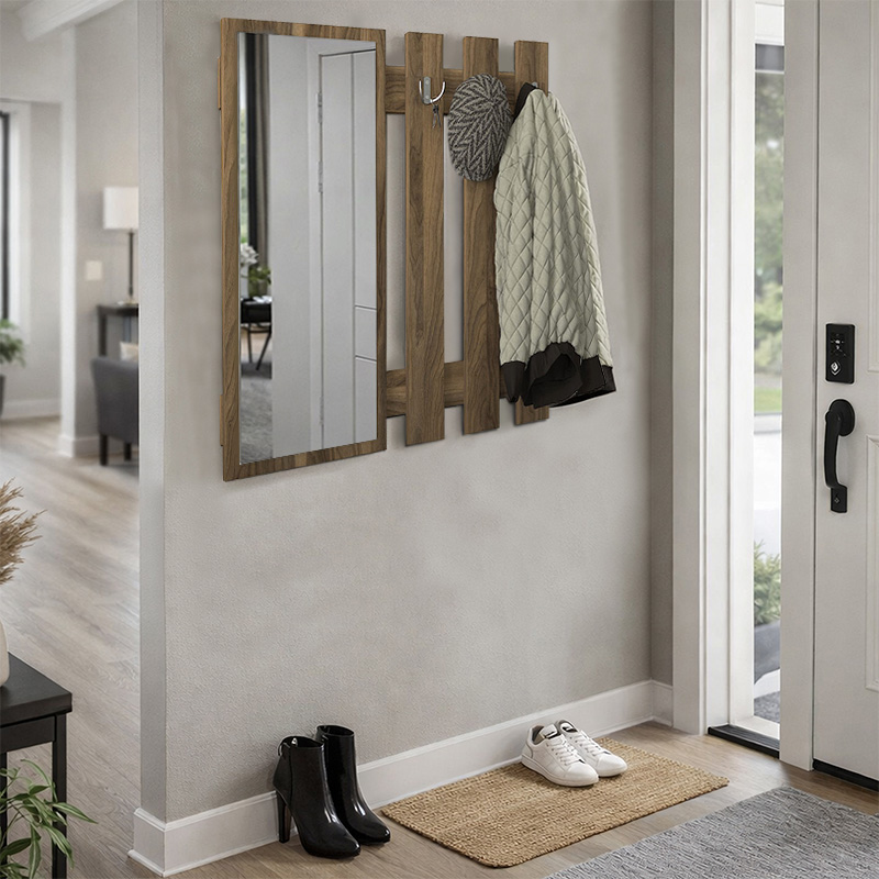Folin Megapap melamine wall coat hanger with mirror in walnut color 90x4x90cm.