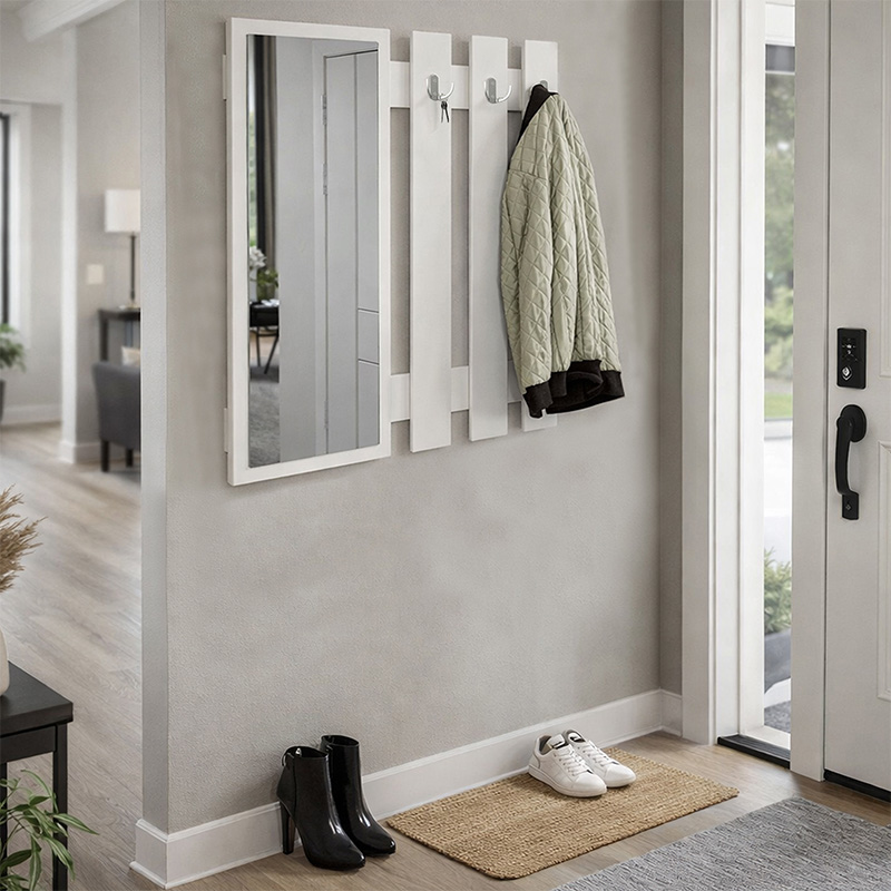 Folin Megapap melamine wall coat hanger with mirror in white color 90x4x90cm.