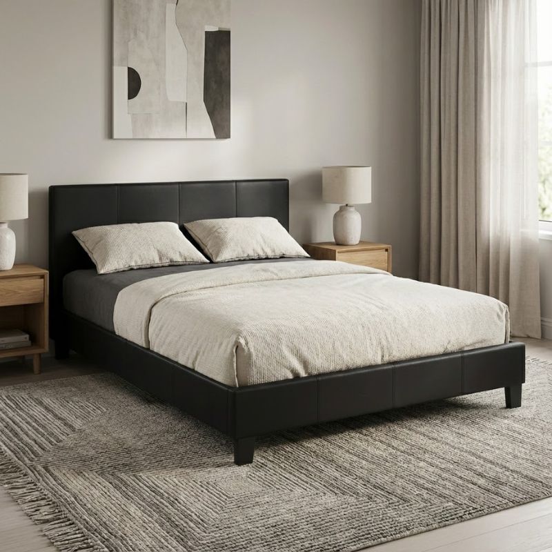 Flat Megapap PU leather bed in black matte color 150x200cm.