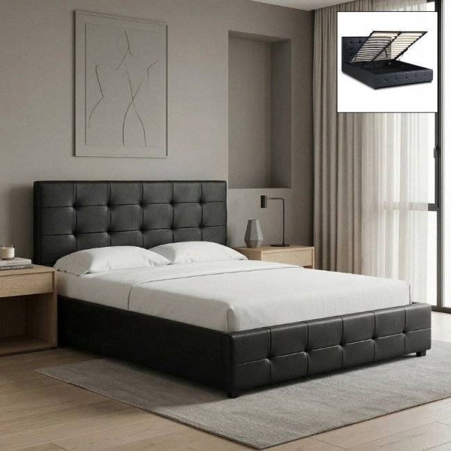 Κρεβάτι Iro Megapap από τεχνόδερμα με αποθηκευτικό χώρο χρώμα μαύρο 160x200εκ.