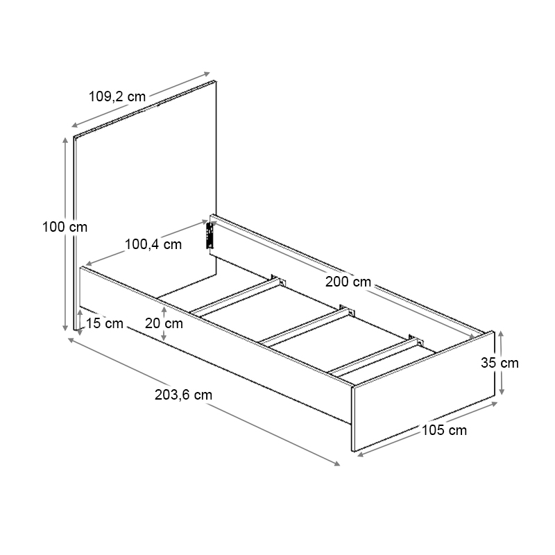 Troy Megapap melamine bed in concrete grey color 100x200cm.