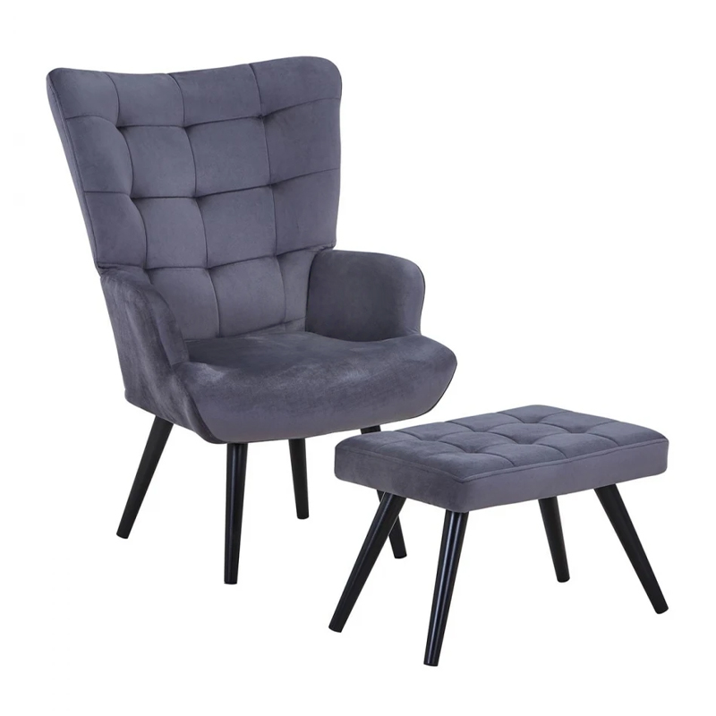 LOBBY Set Armchair & Stool Metal Black/Velure Dark Grey
