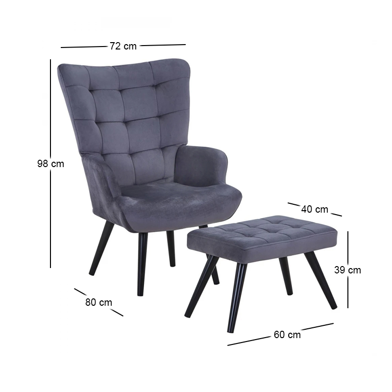 LOBBY Set Armchair & Stool Metal Black/Velure Dark Grey