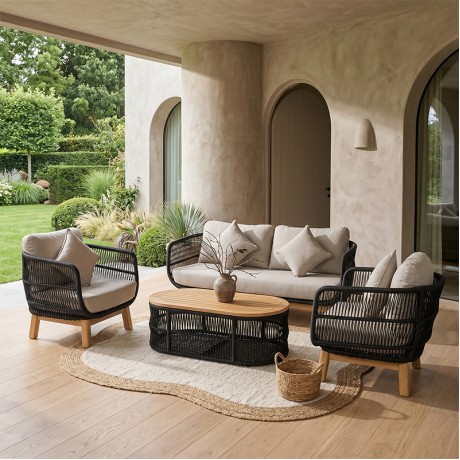 MARK Set (4pcs) Acacia Natural, Rope Wicker Black, Cushions Beige