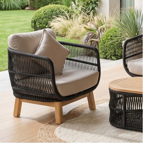 MARK Set (4pcs) Acacia Natural, Rope Wicker Black, Cushions Beige