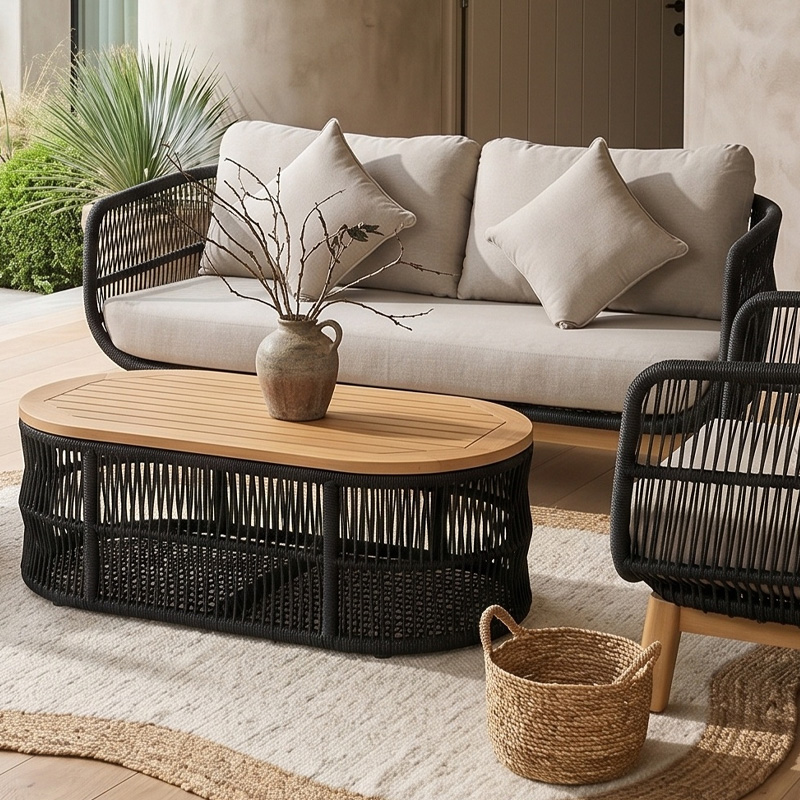 MARK Set Σαλόνι Κήπου 4 τεμαχίων Acacia Φυσικό, Rope Wicker Μαύρο, Μαξιλάρια Μπεζ 2 Πολυθρόνες+Καναπές+Τραπεζάκι