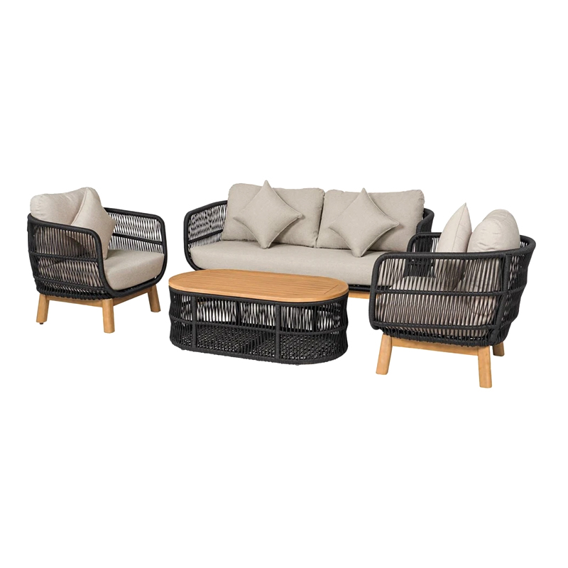 MARK Set Σαλόνι Κήπου 4 τεμαχίων Acacia Φυσικό, Rope Wicker Μαύρο, Μαξιλάρια Μπεζ 2 Πολυθρόνες+Καναπές+Τραπεζάκι