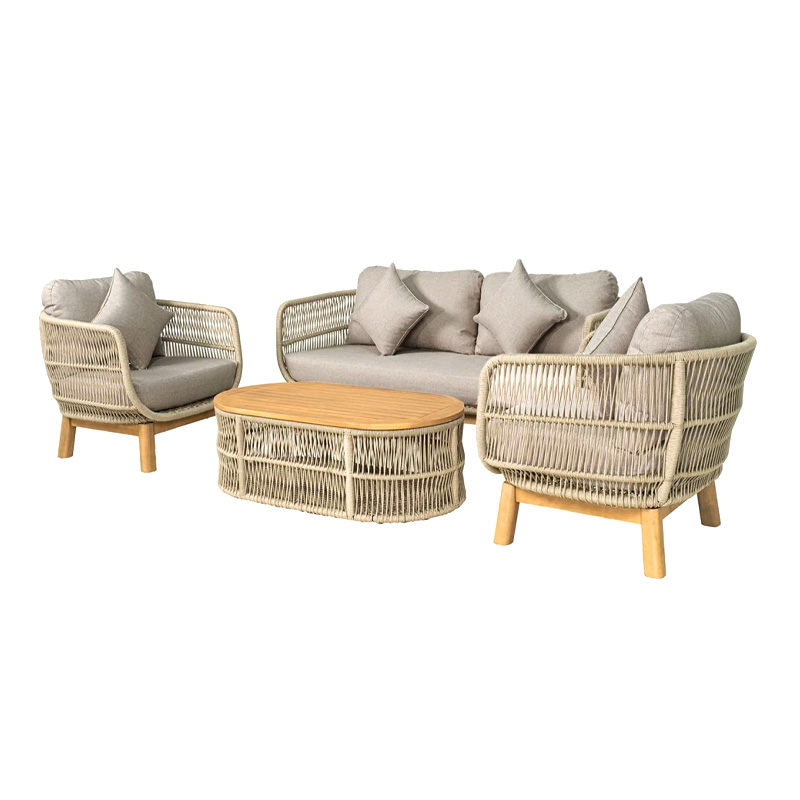 MARK Set Σαλόνι Κήπου 4τεμ, Acacia Φυσικό, Μαξιλάρια Μπεζ Rope Wicker Μπεζ 2 Πολυθρόνες+Καναπές+Τραπεζάκι