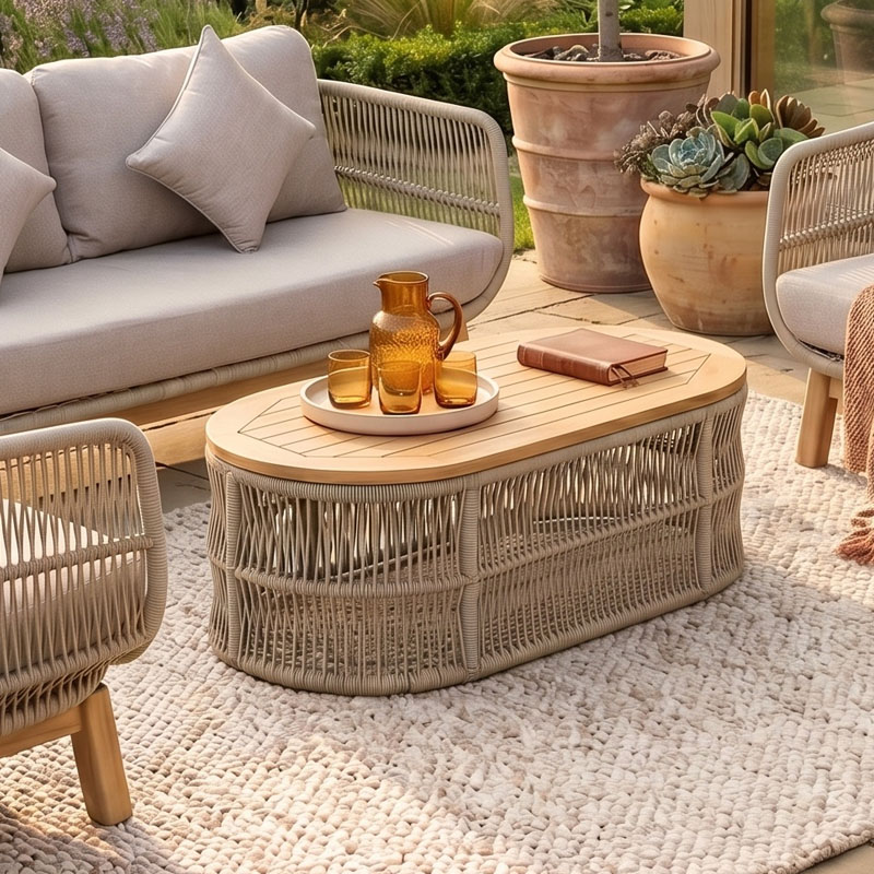 MARK Set Σαλόνι Κήπου 4τεμ, Acacia Φυσικό, Μαξιλάρια Μπεζ Rope Wicker Μπεζ 2 Πολυθρόνες+Καναπές+Τραπεζάκι
