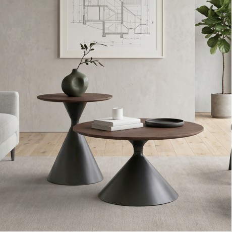 MISTRAL Set-2 Coffee Tables D.50cm+D.70cm Metal Black/Walnut