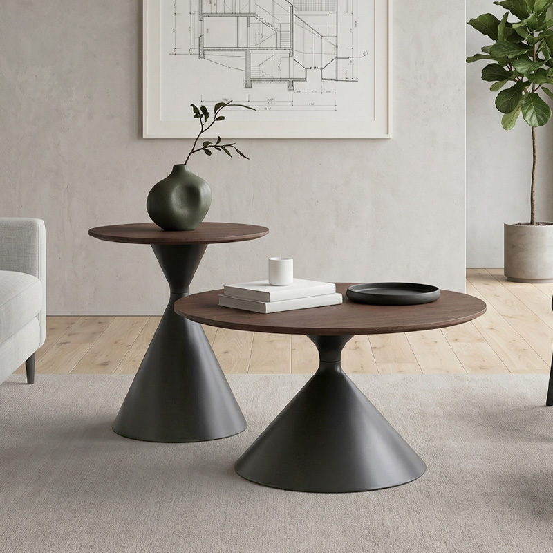 MISTRAL Set-2 Coffee Tables D.50cm+D.70cm Metal Black/Walnut