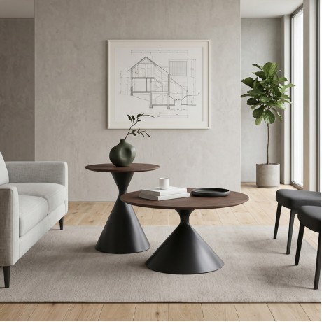 MISTRAL Set-2 Coffee Tables D.50cm+D.70cm Metal Black/Walnut